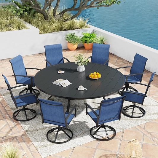9 Pieces Outdoor Patio Dining Table Set, 63" All Weather Round Metal Table with Umbrella Hole and 8 High Back Textilene Swivel Chairs for Garden, Lawn, Poolside, Black Table & Blue Chairs