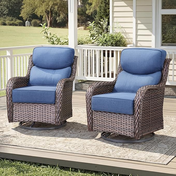 Luxury Wicker Patio Furniture Sets-High Back Outdoor Swivel Chairs Set of 2 with 6" Thick Cushions Wide Armrest All Weather Patio Conversation Sets for Deck Porch Balcony(Brown/Blue)