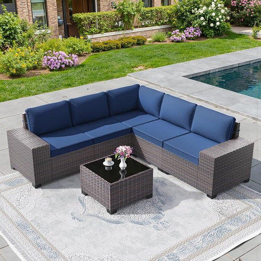 6 PCS Outdoor Patio Furniture Set,Outdoor Sectional Furniture All Weather PE Rattan Wicker Patio Conversation Set with Coffee Table and 5 Thickened Cushions,Navy Blue