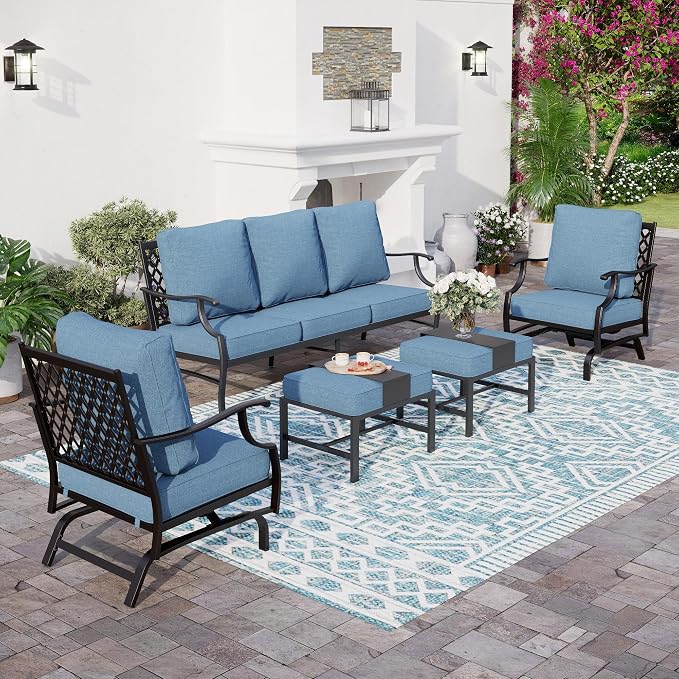 SUNSHINE VALLEY 5 Piece Metal Outdoor Patio Furniture Set, Patio Conversation Sets 3-seater Sofa, 2 Rocking Chair, 2 Ottomans with 5.75" Thick Cushion, Black All-weather Frame Backyard Furniture, Navy