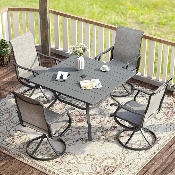 VICLLAX 5 Pieces Patio Dining Set for 4, Outdoor Furniture Set Includes 37.8" Square Outdoor Table and 4 Patio Swivel Chairs for Lawn Garden, Grey Tabletop and Grey Fabric