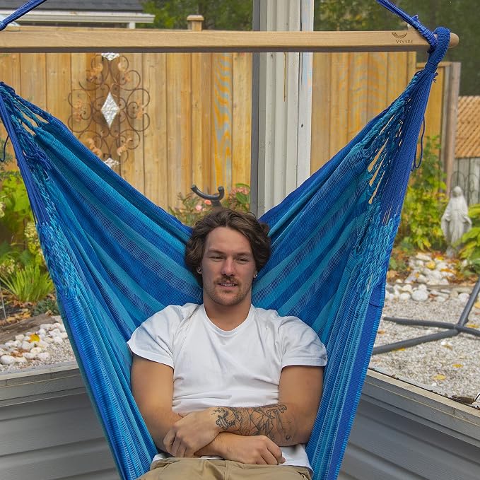 Vivere Cotton Double Wide Hammock Chair - Soft, Durable, Easy Setup with Wood Spreader Bar - 330 lb Capacity