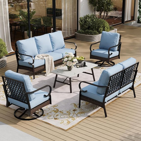 SUNSHINE VALLEY 5 Piece Metal Outdoor Patio Furniture Set, Patio Conversation Sets 1 3-Seater Sofa, 2-Seater Sofa, 2 Swivel Sofa with 5.75" Thick Cushion & Coffee Table Black Backyard Furniture, Blue