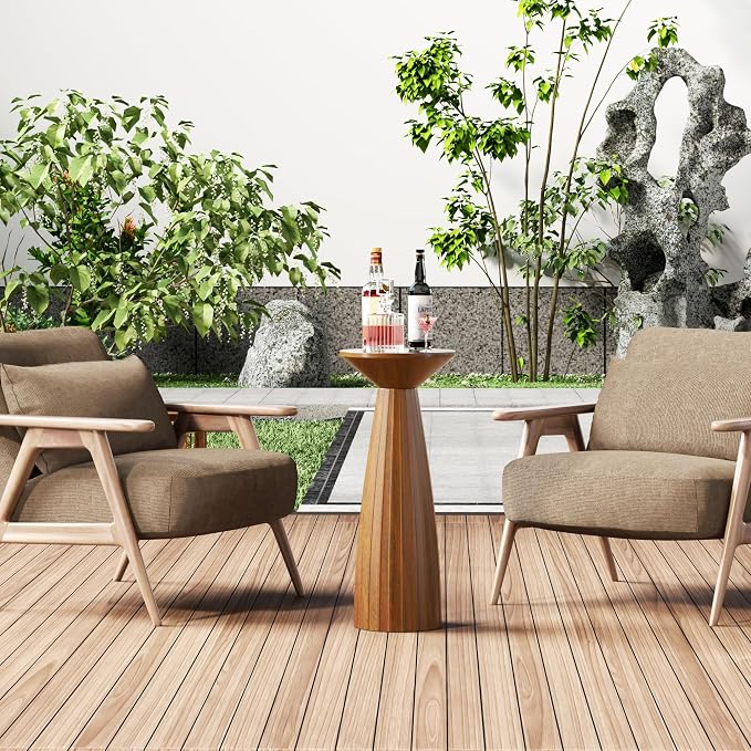Modern Patio Side Table, Mid-Century Metal Outdoor End Table, Pedestal Round Accent Table for Poolside, Balcony & Living Room, Weather Resistant, No Assembly Required, Brown