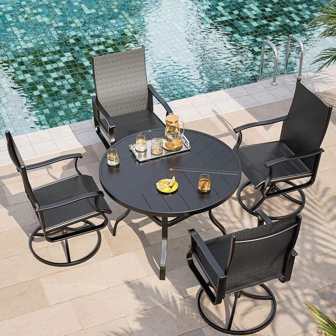 Amopatio 5 Pieces Patio Dining Set for 4, Outdoor Table and Chairs, 4 All Weather Swivel Patio Chairs, 39" Patio Spliced Round Table with Umbrella Hole, for Deck, Backyard, Poolside & Garden, Black