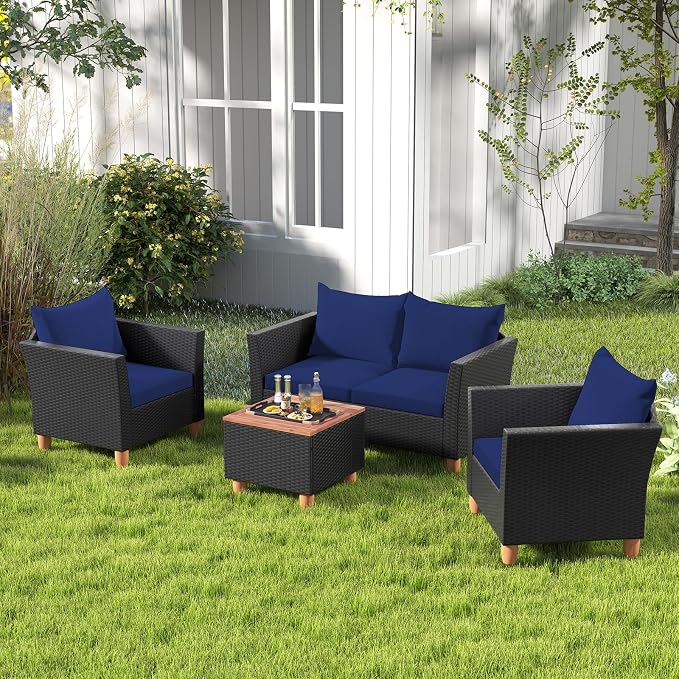 HAPPYGRILL 4 Pieces Wicker Patio Conversation Set, PE Rattan Chair & Ottoman Set with Removable Cushions, Storage Coffee Table, Outdoor Furniture Set for Garden Backyard Poolside (Navy)