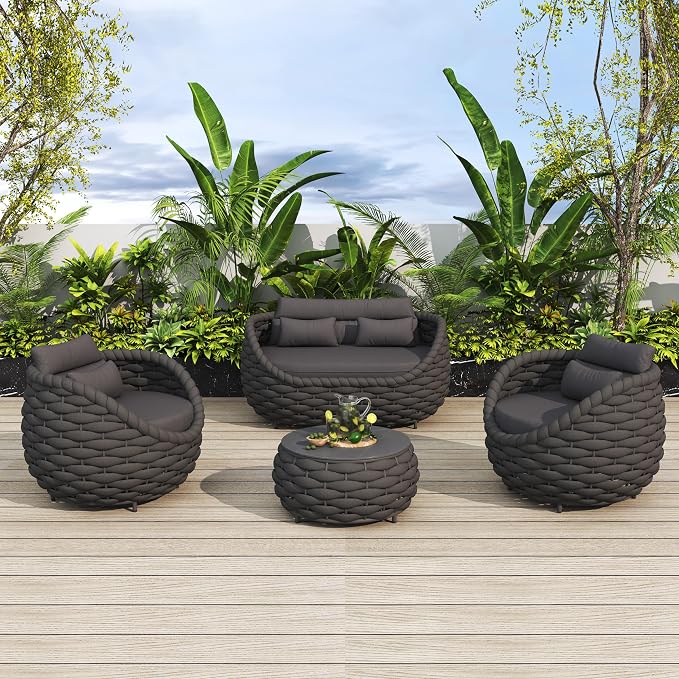 Patio Wicker Conversation Set 4Pcs Dark Grey Rattan Outdoor Sofa Set with Loveseat, 2 Single Chairs & Coffee Table, Weather Resistant Indoor Outdoor Sectional for Backyard Garden Poolside