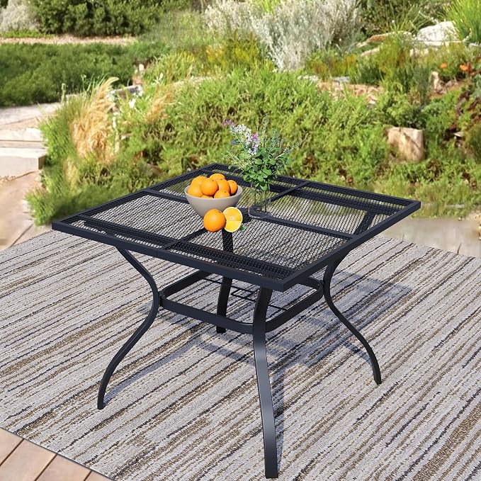 37.5" Square Patio Table with Umbrella Hole, Metal Mesh Outdoor Dining Table for Garden, Backyard and Deck, 4 Person Round Patio Dining Table for Outside, Black