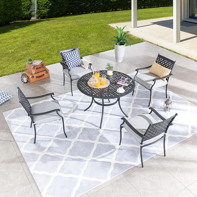 LOKATSE HOME 5-Piece Outdoor Patio Metal Dining Set with Iron Armrest Cushioned Chairs and Steel Round Table with Umbrella Hole, Grey Dining Set
