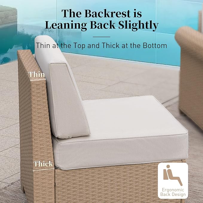 Patio Furniture Set 8 Piece, Wicker Rattan Sectional Sofa Couch with 5.5" Thick Waterproof Cushion and Coffee Table, L Shape All weather Outdoor Conversation Set for Lawn Backyard Deck, Beige