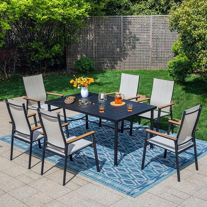 PHI VILLA 7 PCS Patio Dining Set, Aluminum Outdoor Furniture, Patio Table and Chairs for 6, Lightweight Stackable Chairs and 1 Rectangle Patio Dining Table for Garden Yard Deck, Beige
