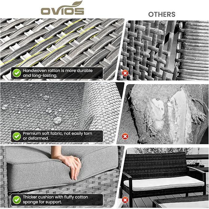 ovios 7 Pieces Patio Furniture Set, Outdoor Wicker Sofa with Rocking Swivel Chairs, Coffee Table, High Back Grey Rattan Conversation Set for Backyard Deck Porch, Dark Grey