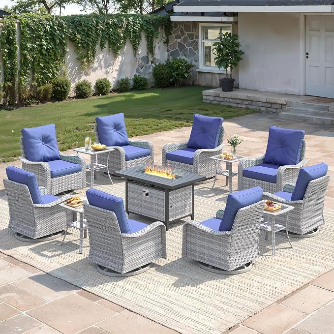 13-Piece Outdoor Conversation Set with 43" Fire Pit Table, 8 Swivel Rocking Chairs (4" Cushions) & 4 Side Tables, All-Weather PE Rattan & Steel Frame for Porch, Deck, Backyard, Blue