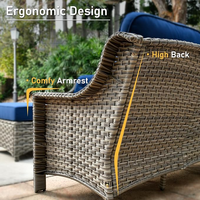 HOOOWOOO 6 Piece Patio Furniture Conversation Sets with Sola Light Table,Outdoor Wicker Furniture with Ottoman, All Weather Resistant Outside High Back Rattan Patio Set(Navy Blue)