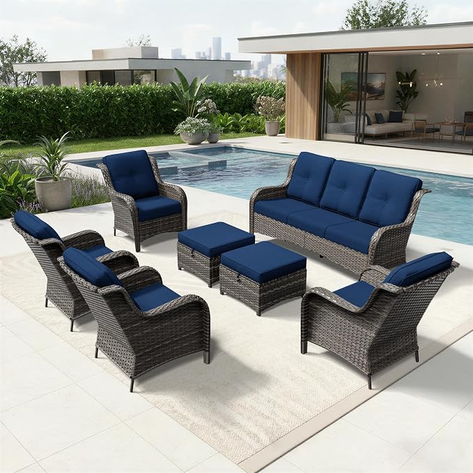 Joyside 7 Piece Wicker Patio Furniture Set, Rattan Patio Chairs with High Back, Deep Seating, Wide Armrest, Thickened Cushions, Outdoor Furniture for Deck, Porch Use