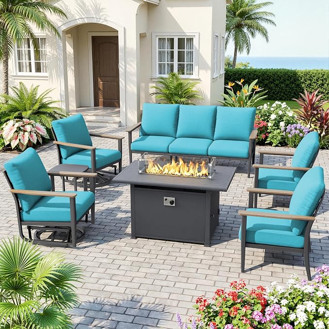 Aluminum Outdoor Patio Furniture Set with Swivel Rocking Chairs 9-Seat, Patio Sectional Sofa Patio Conversation Set with 55,000 BTU Fire Pit Table High Backrest & Thickened Cushions, Turquoise