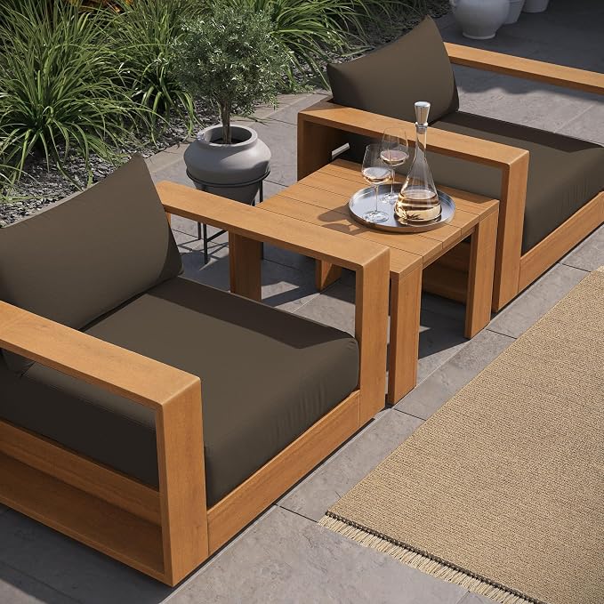 Modway Tahoe Acacia Wood 3-Piece Outdoor Patio Furniture Set in Natural Cocoa - Includes 2 Lounge Chairs with Weather-Resistant Cushions and Side Table
