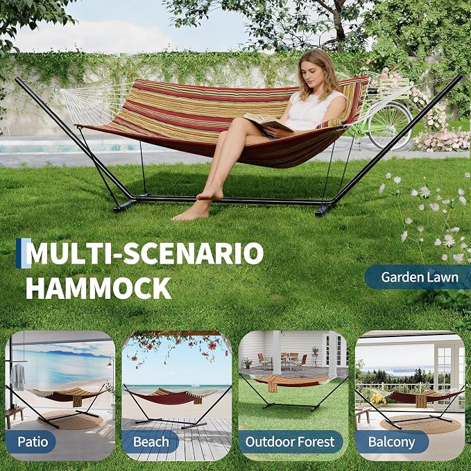 Double Hammock with Stand, Red Portable 2 Person Hammock with Curved Spreader Bar & Balance Ropes, Heavy Duty Steel Frame, Quilted Fabric Hammock Bed with Pillow for Outdoor Patio Backyard Camping