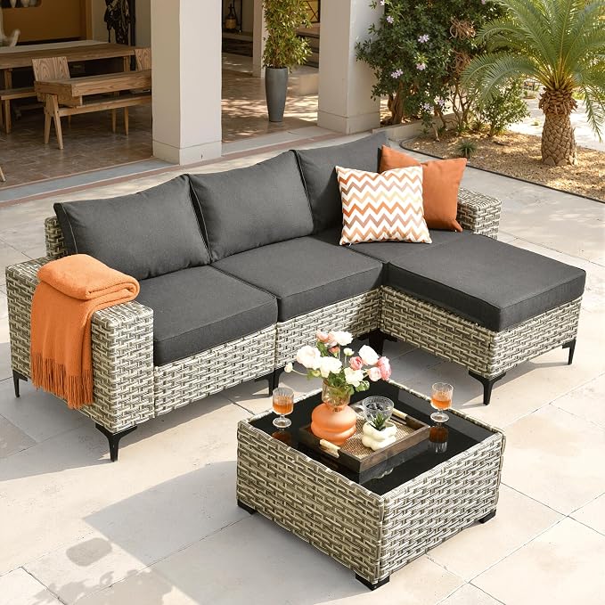 ovios 5-Piece Patio Furniture Set with L-Shape Sofa Chaise, Outdoor Sectional Couch Coffee Table, Modern Modular Wicker Rattan Conversation Set, Black