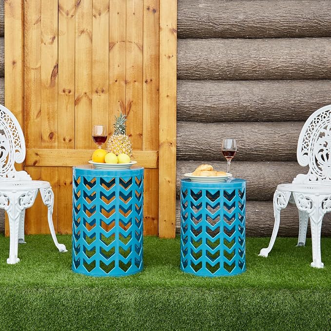 Y&M Nesting Side Table, Set of 3 Stacking Coffee Table for Living Room, Indoor End Tables, Outdoor Decorative Garden Stool with Heavy Duty Metal Frame Modern Industrial Decor - Blue