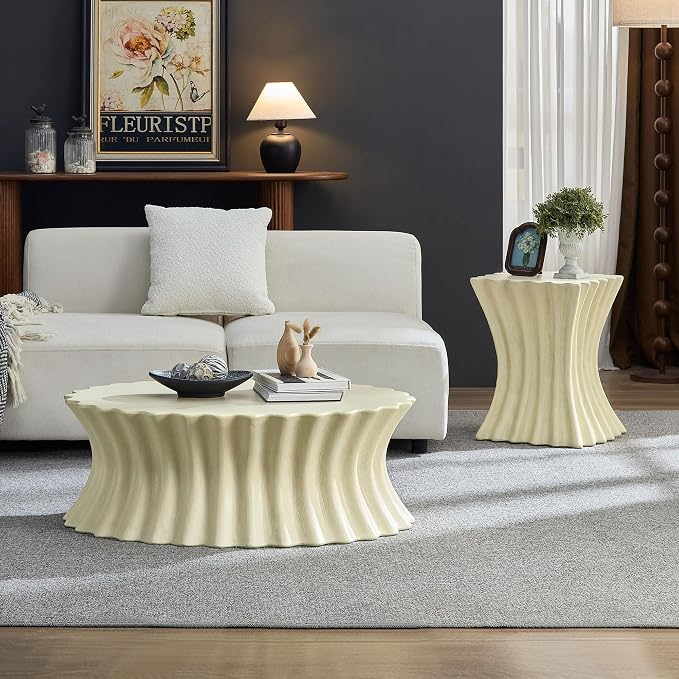 35'' Oval Coffee Table Faux Stone Coffee Table for Living Room Modern Faux Marble Coffee Tables for Indoor Outdoor Unique Center Tables No Assembly, Beige