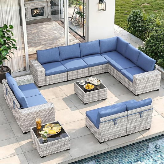 12 Piece Outdoor Wicker Sectional Sofa Set, 10-Seats Patio Furniture Conversation Set with 4" Thickened Cushions & Coffee Table, All-Weather PE Rattan for Garden, Backyard, Porch, Blue