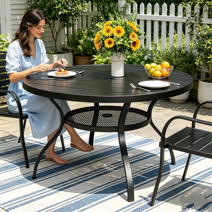 SUNCROWN 42 Inch Round Outdoor Patio Dining Table, All Weather Black Metal Steel Slat Table with 1.5" Umbrella Hole, Weather Resistant Outside Furniture for Lawn Garden Backyard Porch