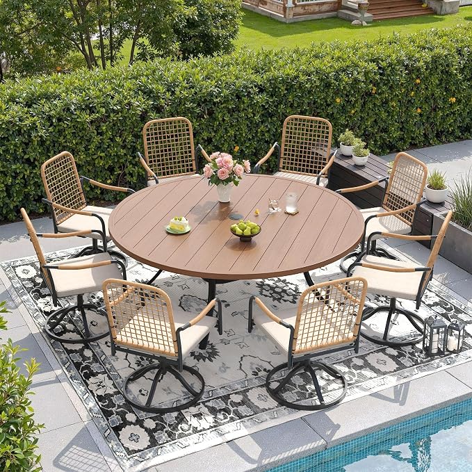 DIFY 9 Pieces Outdoor Dining Set for 8, 63" Round Dining Table with Umbrella Hole & Wicker Swivel Patio Chairs with Cushions, Metal Patio Table and Chairs Set for Backyard Porch Garden, Walnut