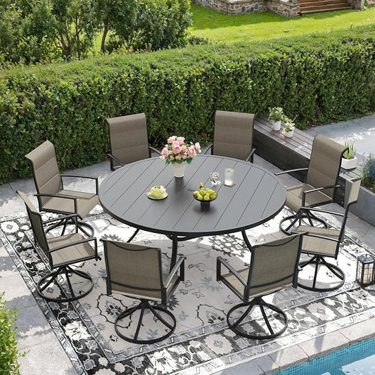 DIFY 9 Pieces Outdoor Patio Dining Set, 8 Brown Padded Textilene Swivel Dining Chairs and 60" Black Round Metal Dining Table, Outdoor Table and Chairs for Poolside Backyard Deck