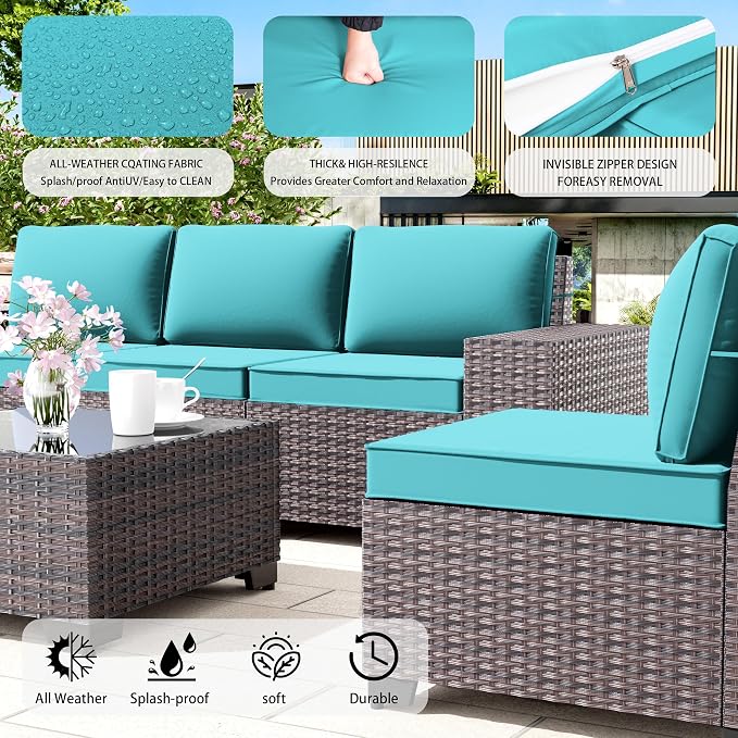 13 PCS Outdoor Patio Furniture Set,Outdoor Sectional Furniture with 43" 55000 BTU Gas Propane Fire Pit Table,All Weather PE Rattan Wicker Patio Conversation Set,Turquoise Blue