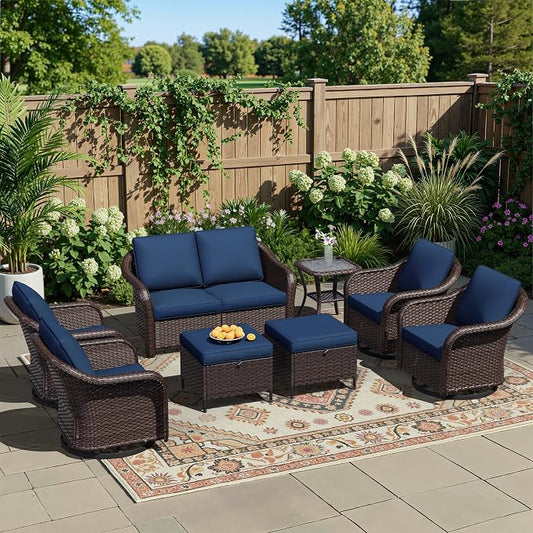 8 Piece Patio Wicker Conversation Set, All-Weather Use Outdoor Wicker Loveseat with 2 PE Rattan Ottomans,4 Swivel Chair, 1 Side Table, Ideal for Porch, Backyard, Balcony, Poolside, Blue