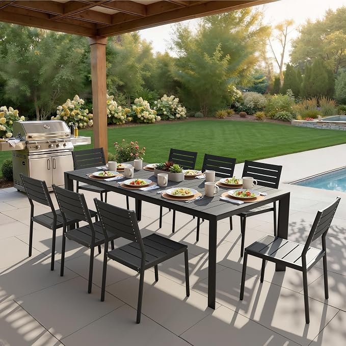 Crestlive Outdoor Dining Table for 8, Patio Table with Umbrella Hole, Aluminum Frame & WPC Wood-Like Tabletop Ideal for Garden, Backyard, and Indoor