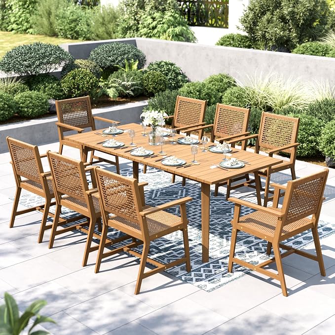 PHI VILLA Outdoor Dining Set, Acacia Wood Construction Teak 9 Piece | Wicker Chairs, Weather-Resistant