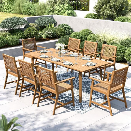 PHI VILLA Outdoor Dining Set, Acacia Wood Construction Teak 9 Piece | Wicker Chairs, Weather-Resistant
