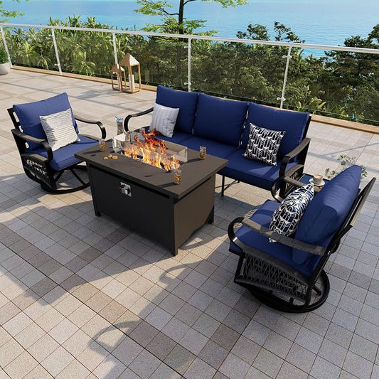 5-Piece Outdoor Furniture Set, Metal Swivel Rocking Chairs with All-Weather Cushions, Rope Patio Conversation Set with Fire Pit Table for Deck, Porch, Garden, Backyard, Poolside (Blue Cushions)
