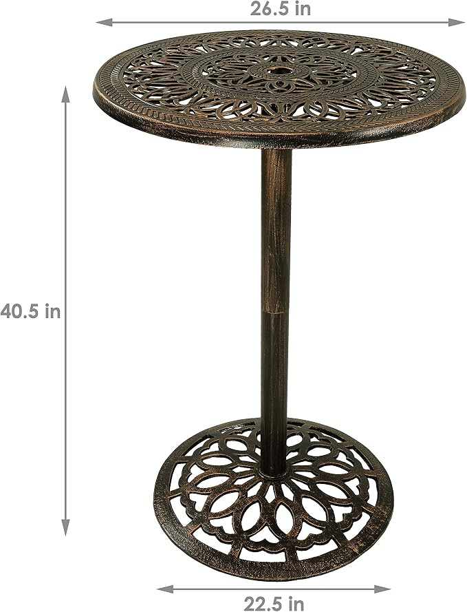Sunnydaze 40-Inch H Cast Iron Bar Height Patio Table - 26-Inch Tabletop Diameter - Bronze Color