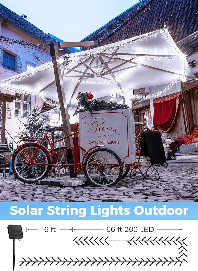 Solar String Lights Outdoor, Extra Long 72FT 200 LED Christmas String Light | Solar Powered String Light with 8 Lighting Modes, Waterproof Solar Light Outdoor for Outside Tree Balcony Gazebo, Pure White