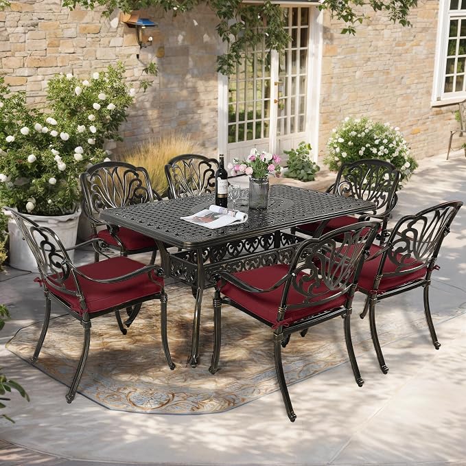 7-Piece Outdoor Patio Dining Set, 60” Rectangular Cast Aluminum Dining Table with Umbrella Hole and 6 Outdoor Dining Cushioned Chairs, Patio Funiture Set for Backyard, Patio, Garden, Red