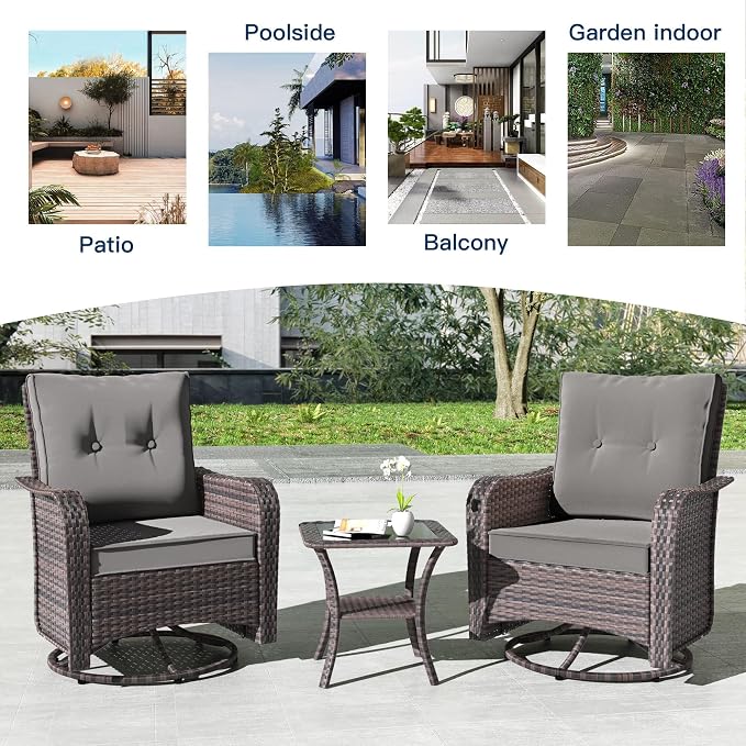 Kullavik 5 Pieces Outdoor Swivel Chairs Set,Patio Wicker Rocker Chairs with 4" Thick Cushions,Side Table and Ottomans,Patio Conversation Furniture Set for Patio Porch Deck Backyard,Grey