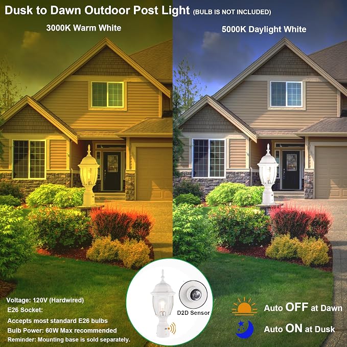 Outdoor Post Light Dusk to Dawn, Rustproof Aluminum, White | Exterior Lamp Post Light Fixture for Garden, Yard, Pathway, Waterproof, Glass, E26 Base, Max 60W