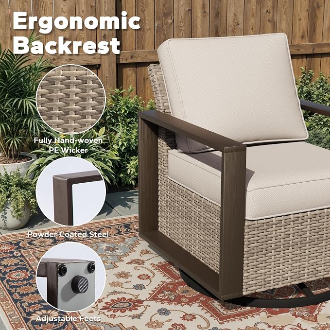Joyside Outdoor Patio Swivel Rocker Chairs Set, 2 Pieces Wicker Rattan Chairs with Metal Wide Armrest, Thick Cushions and Deep Seating for Garden, Backyard, Porch, Deck