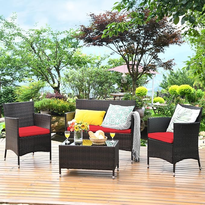COSTWAY 8PCS Rattan Patio Furniture Set | Outdoor Wicker Rattan Chairs with Coffee Table, Rattan Cushioned Conversation Set for Backyard Balcony Poolside, Red