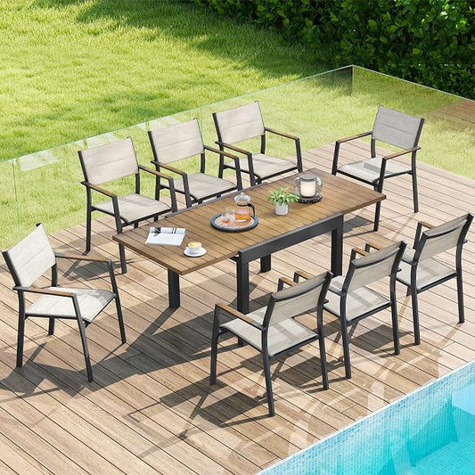 9 Piece Outdoor Dining Set, Expandable Outdoor Patio Dining Table Set for 6-8 Person, Aluminum Outdoor Table and 8 Chairs with Textilene Fabric & Armrest for Patio, Garden, Lawn, Deck(Brown)