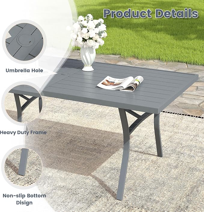 VICLLAX 63" Patio Dining Table for 6, Outdoor Rectangular Metal Table with Umbrella Hole for Porch Backyard Garden Deck, Dark Grey