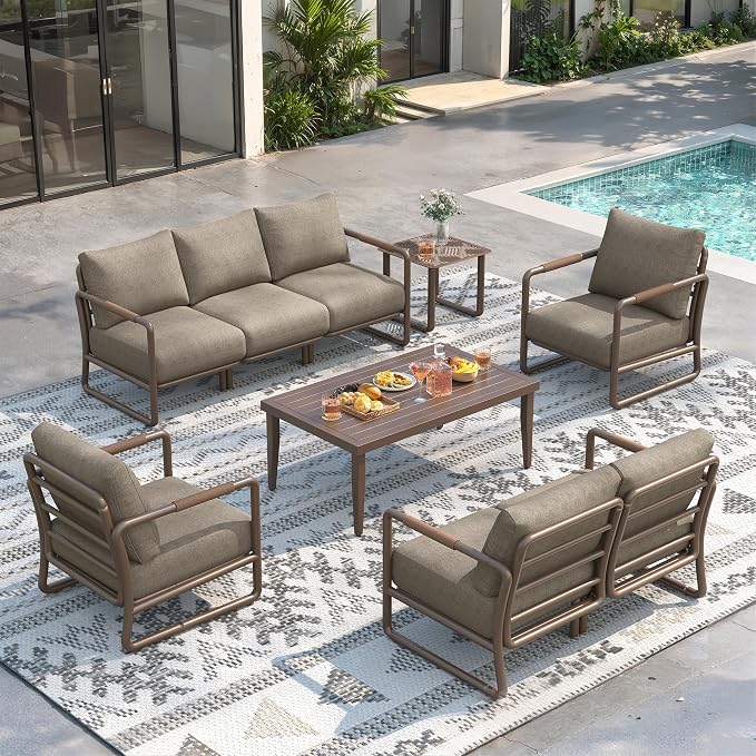 Outdoor Aluminum Patio Furniture Set with with 6.5" Thick Cushions,9-Piece Outdoor Sectional Conversation Set with Coffee Tables,All-Weather Patio Set for Backyard & Deck，Brown