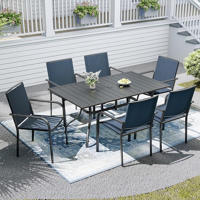6-Piece Outdoor Dining Set with Umbrella Hole,63"x 38" Patio Table and Stackable Chairs Set for 6,Modern Garden Dining Set for Poolside Seaside Backyard