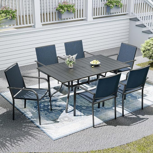 6-Piece Outdoor Dining Set with Umbrella Hole,63"x 38" Patio Table and Stackable Chairs Set for 6,Modern Garden Dining Set for Poolside Seaside Backyard