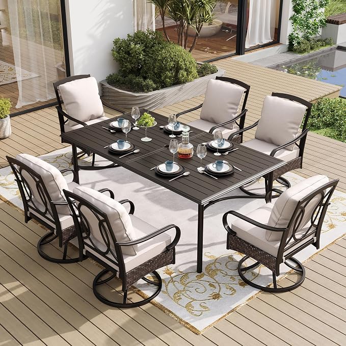 SUNSHINE VALLEY 7 Piece Patio Dining Sets for 6, Outdoor Table and Chairs with Cushioned Wicker Swivel Patio Chairs & Black Dining Table (1.57-1.9”Umbrella Hole), Outdoor Dining Sets for Lawn Backyard