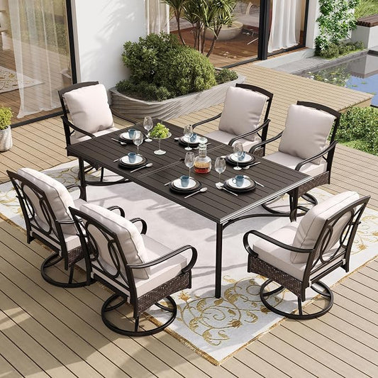 SUNSHINE VALLEY 7 Piece Patio Dining Sets for 6, Outdoor Table and Chairs with Cushioned Wicker Swivel Patio Chairs & Black Dining Table (1.57-1.9”Umbrella Hole), Outdoor Dining Sets for Lawn Backyard