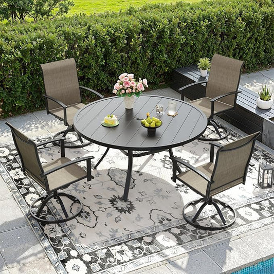 DIFY 5 Pieces Outdoor Dining Set for 4, 47.2" Black Round Metal Table with Umbrella Hole and Brown Textilene Swivel Patio Chairs, Patio Table and Chairs Set for Garden, Backyard, Poolside